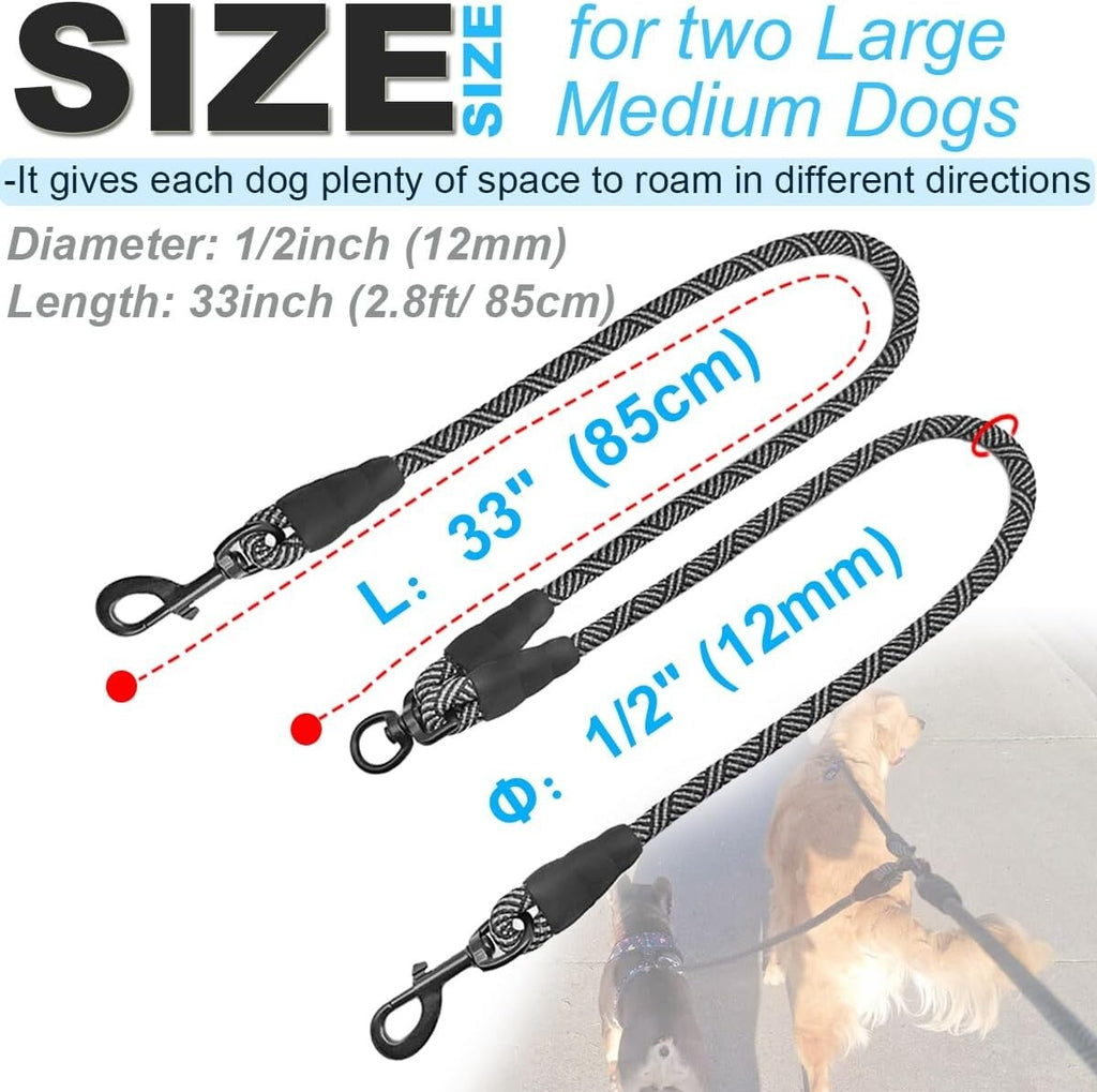 Double Dog Leash Coupler, Tandem Leash for Two Dogs, No Tangle 360° Swivel Dual