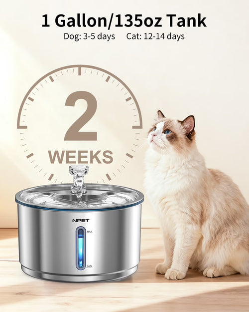 1 Gallon Stainless Steel Pet Water Fountain Quiet Filtered Cat Drinking Water Dispenser for Cats, Dogs