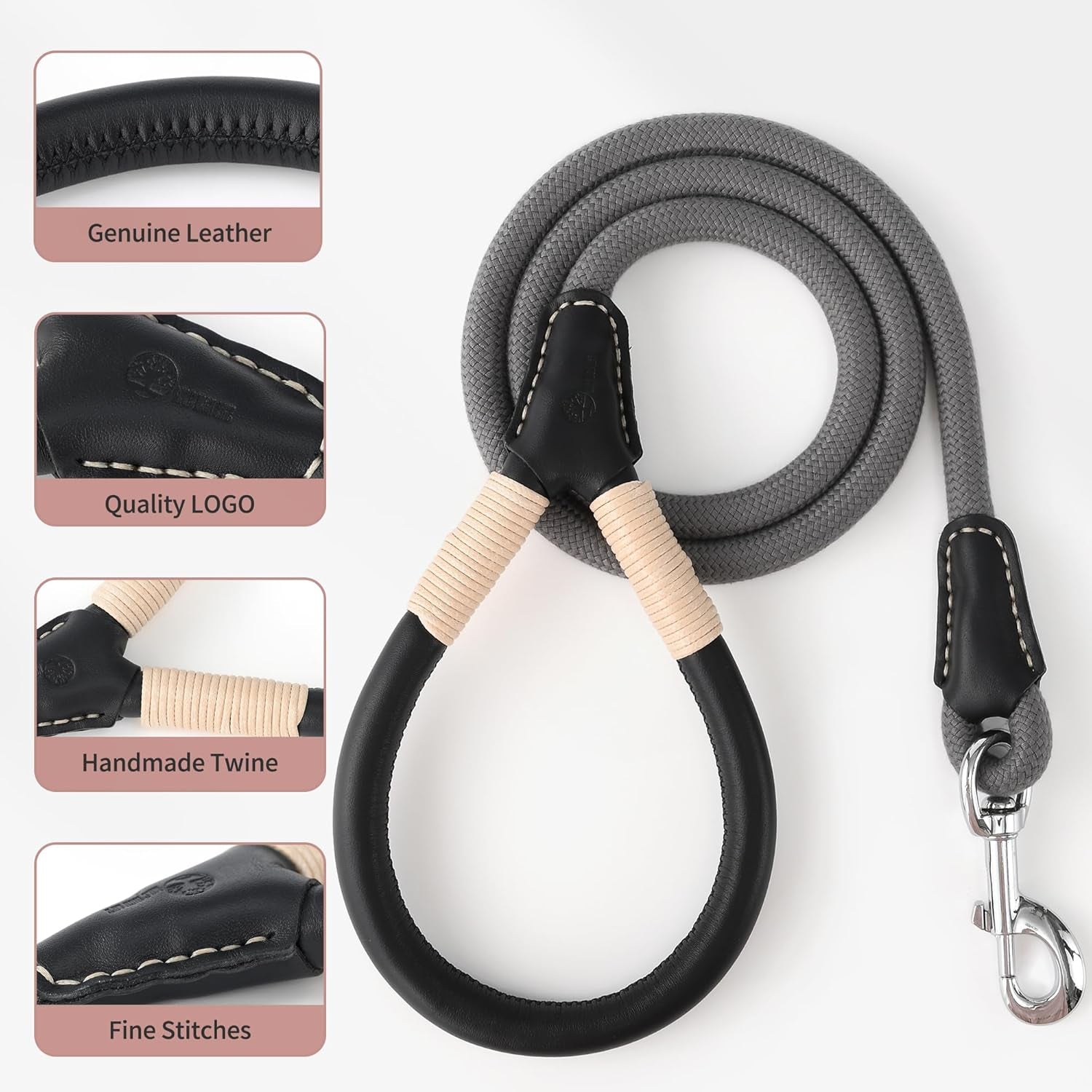 Dog Leash, Rope Leash with Genuine Leather Handle and Heavy Duty Metal Clasp, Great for Small Medium Large Dogs (Gray, 5FT)