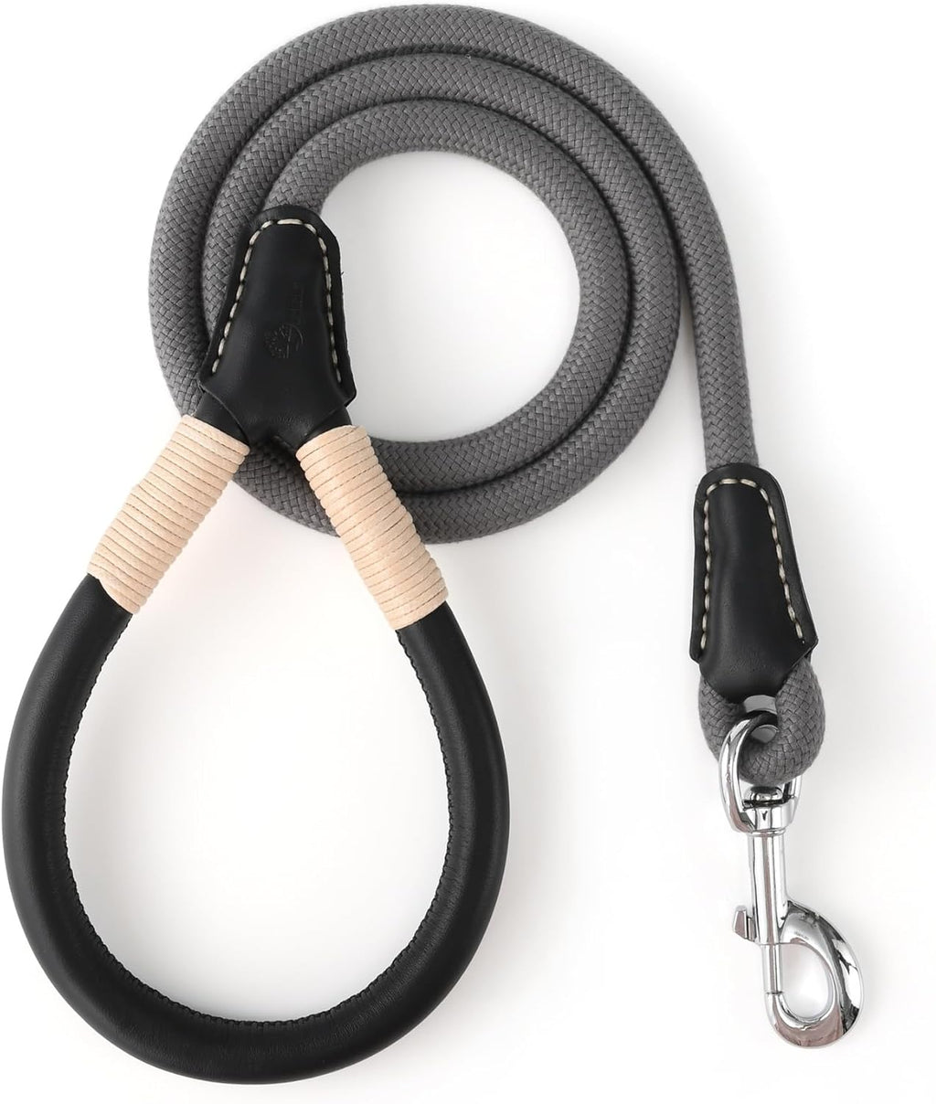 Dog Leash, Rope Leash with Genuine Leather Handle and Heavy Duty Metal Clasp, Great for Small Medium Large Dogs (Gray, 5FT)