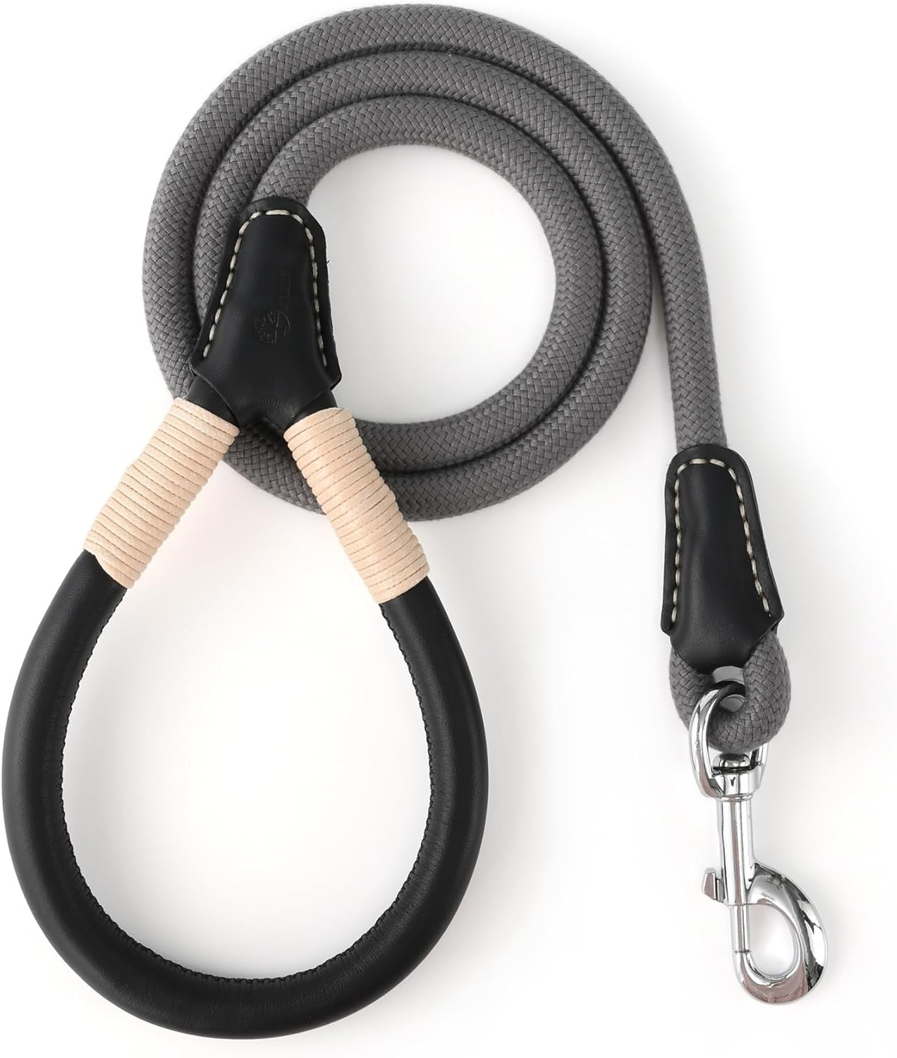 Dog Leash, Rope Leash with Genuine Leather Handle and Heavy Duty Metal Clasp, Great for Small Medium Large Dogs (Gray, 5FT)