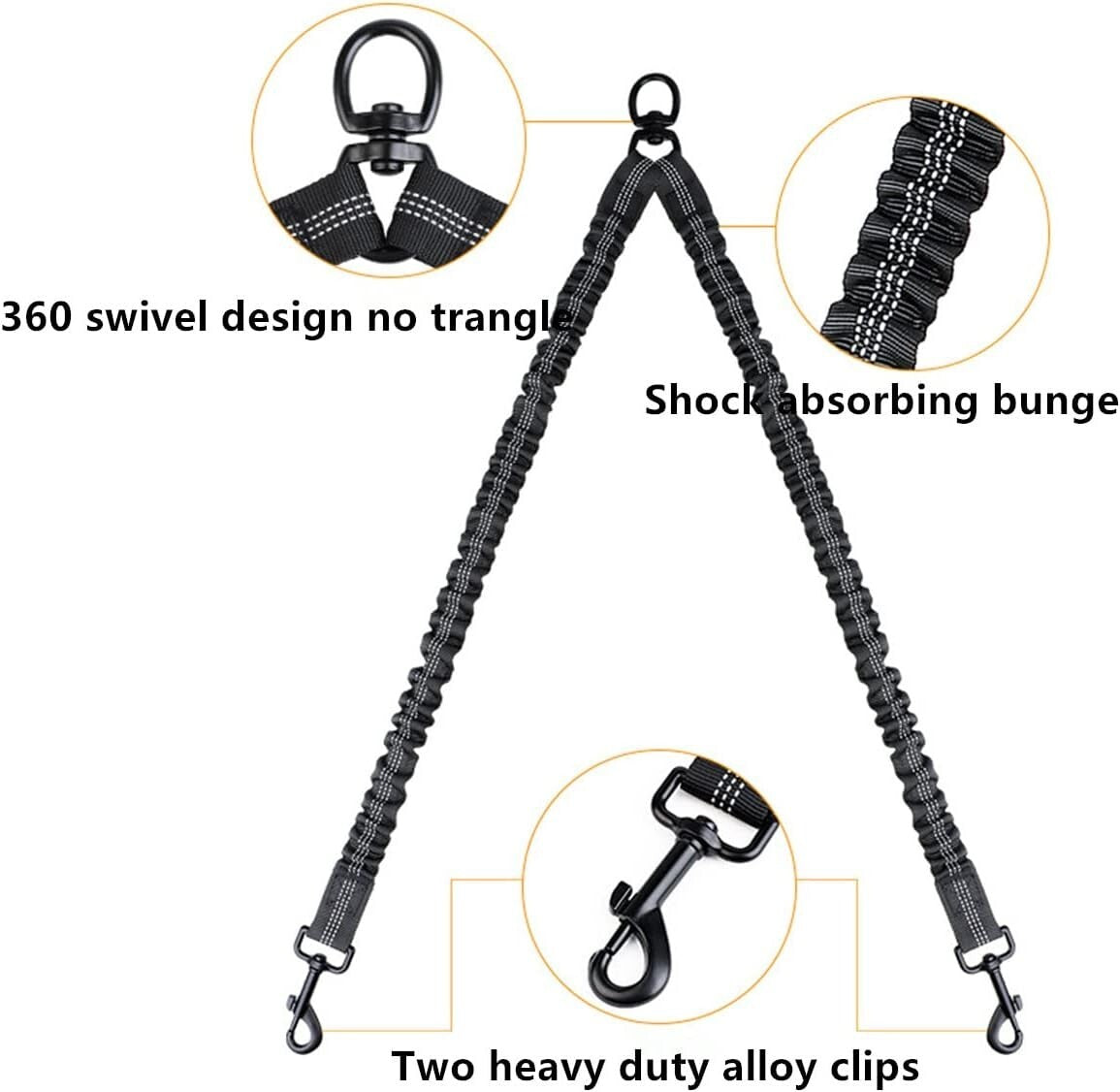 Double Dog Leash Coupler, Tandem Leash for Two Dogs, No Tangle 360° Swivel Dual
