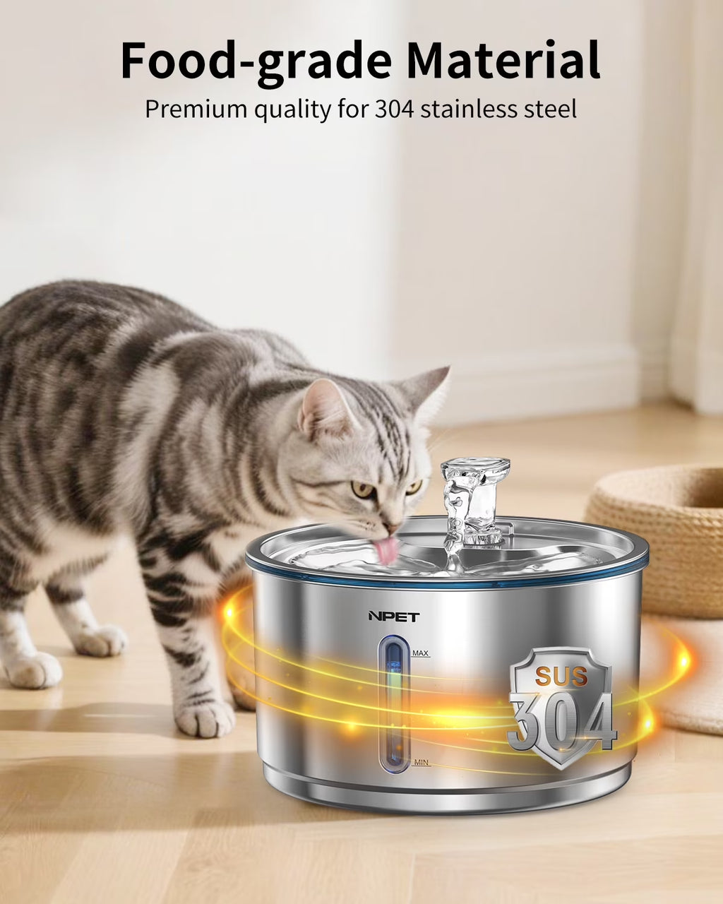 1 Gallon Stainless Steel Pet Water Fountain Quiet Filtered Cat Drinking Water Dispenser for Cats, Dogs