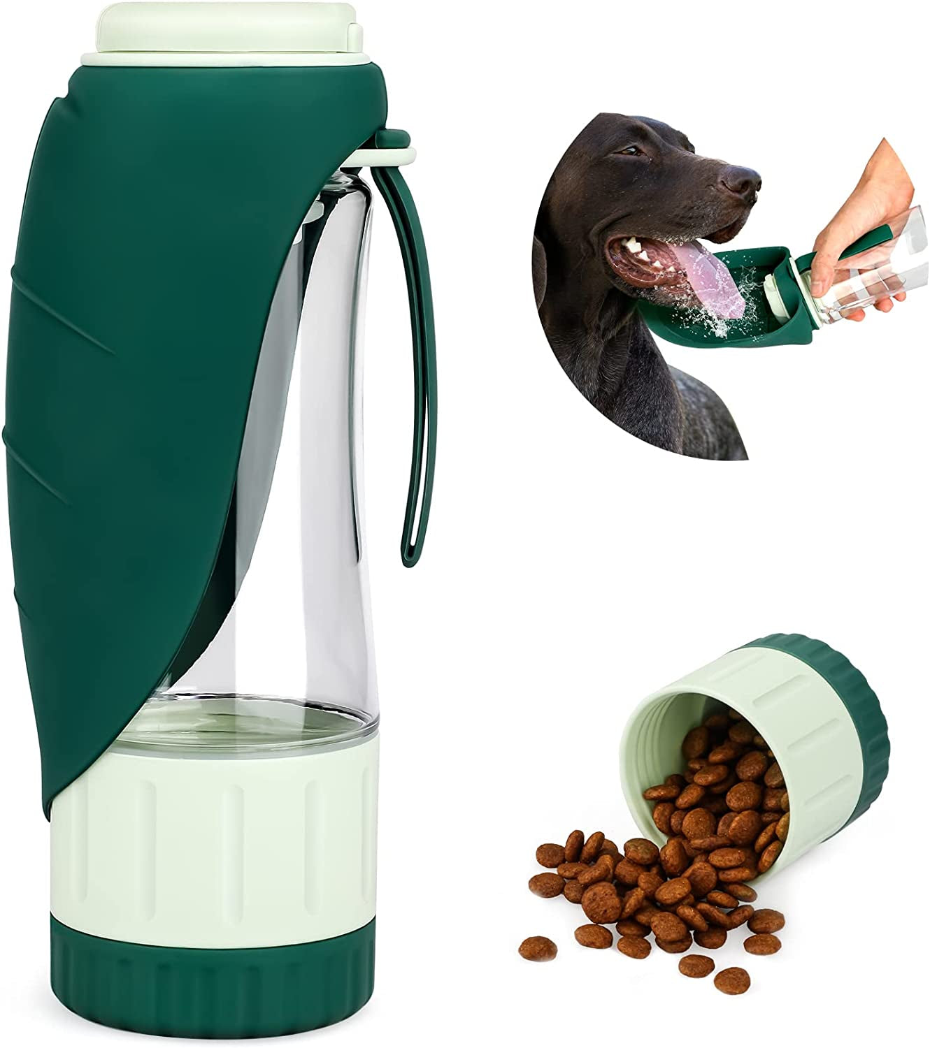 Upgraded Dog Water Bottle, Portable Dog Cat Puppy Pet Water Dispenser Feeder with Drinking Cup and Food Container Leak Proof for Outdoor Walking, Travel, Hiking 12OZ
