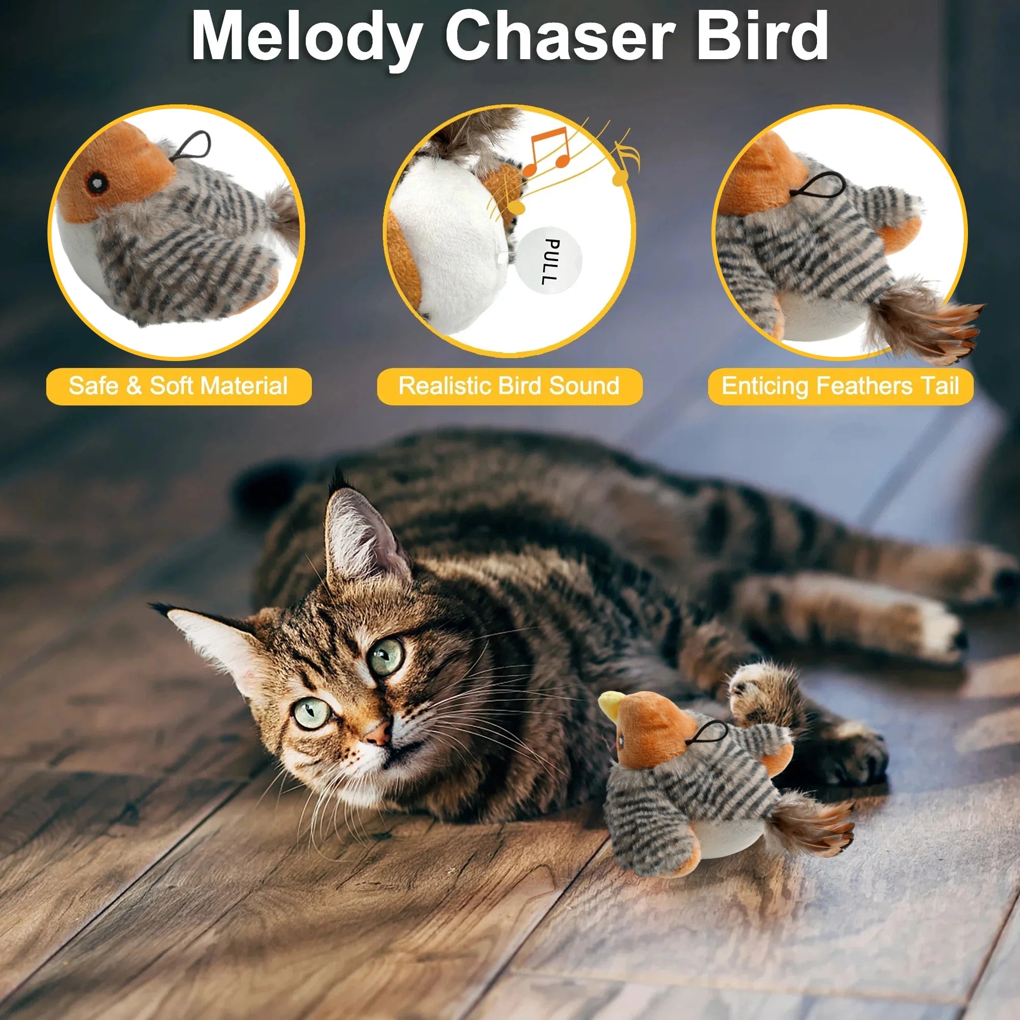 Interactive Electronic Cat Toy, Automatic Chirping Bird Toy Squeaky with Feather Tail, Melody Chaser Toy for Cats to Play Alone, Play and Squeak Kitten Toy for Boredom