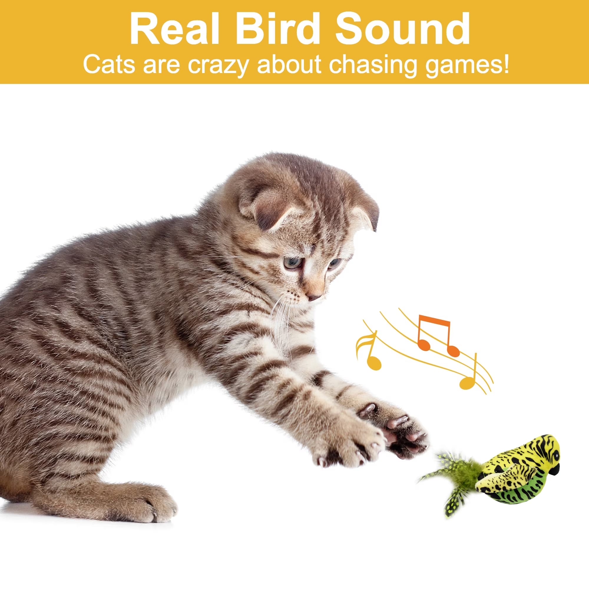 Interactive Electronic Cat Toy, Automatic Chirping Bird Toy Squeaky with Feather Tail, Melody Chaser Toy for Cats to Play Alone, Play and Squeak Kitten Toy for Boredom