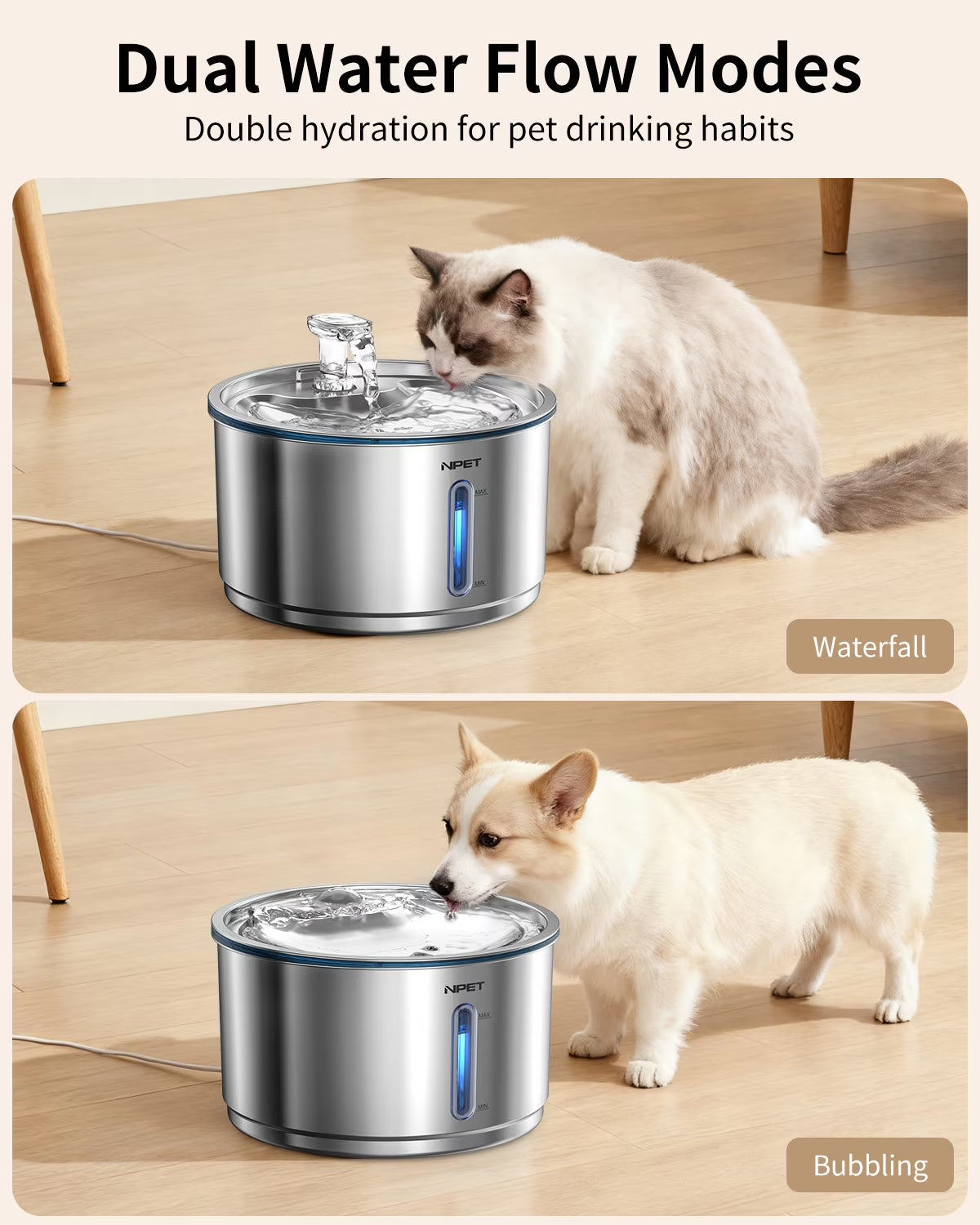 1 Gallon Stainless Steel Pet Water Fountain Quiet Filtered Cat Drinking Water Dispenser for Cats, Dogs