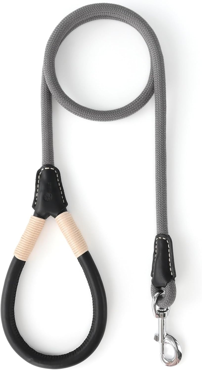 Dog Leash, Rope Leash with Genuine Leather Handle and Heavy Duty Metal Clasp, Great for Small Medium Large Dogs (Gray, 5FT)
