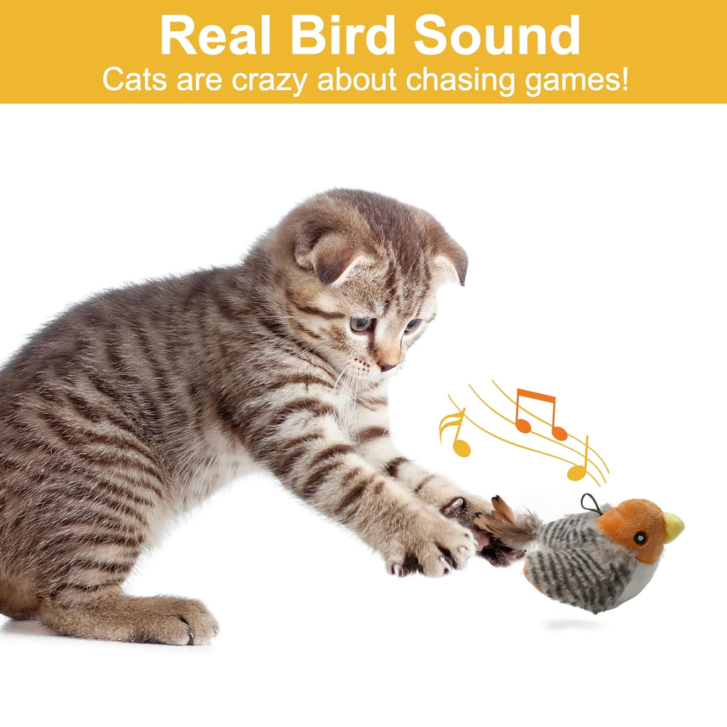 Interactive Electronic Cat Toy, Automatic Chirping Bird Toy Squeaky with Feather Tail, Melody Chaser Toy for Cats to Play Alone, Play and Squeak Kitten Toy for Boredom