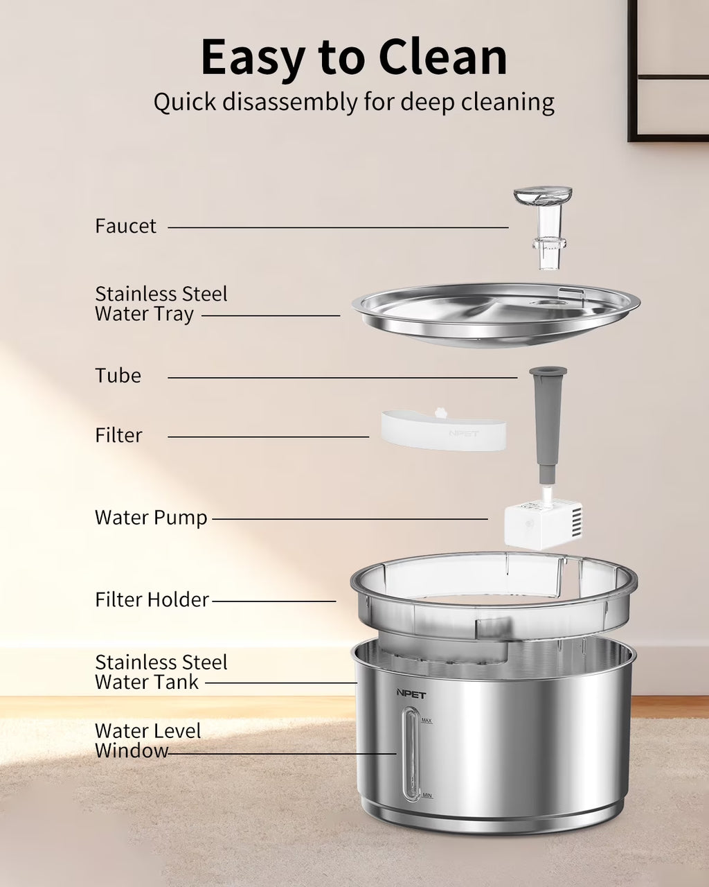 1 Gallon Stainless Steel Pet Water Fountain Quiet Filtered Cat Drinking Water Dispenser for Cats, Dogs