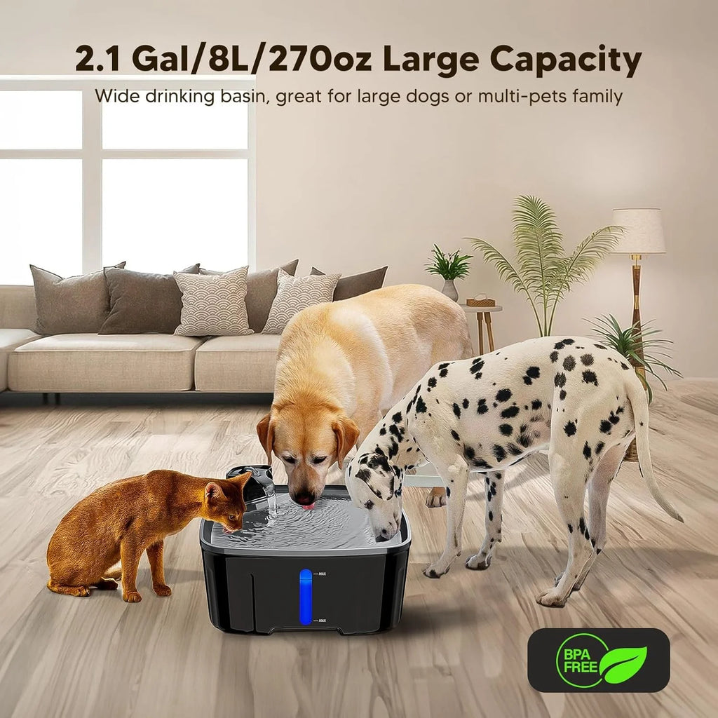 FURCLAN 8L/2.1Gal Dog Water Fountain for Large Dogs, Bpa-Free Pet Water Dispenser with Visible Level, Quiet Pet Water Fountain, Indoor Cat Water Fountains, Black