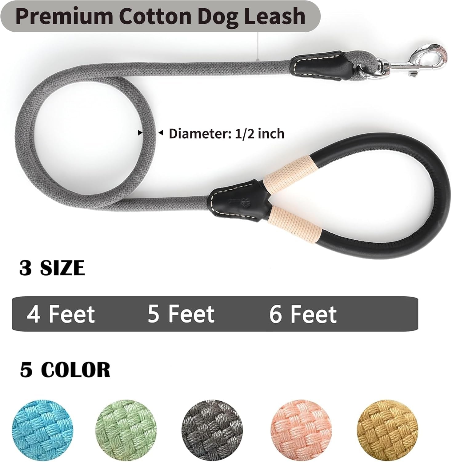 Dog Leash, Rope Leash with Genuine Leather Handle and Heavy Duty Metal Clasp, Great for Small Medium Large Dogs (Gray, 5FT)