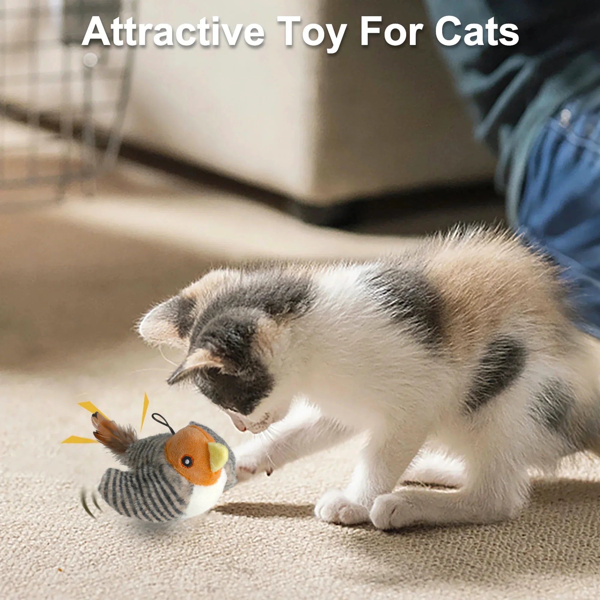 Interactive Electronic Cat Toy, Automatic Chirping Bird Toy Squeaky with Feather Tail, Melody Chaser Toy for Cats to Play Alone, Play and Squeak Kitten Toy for Boredom