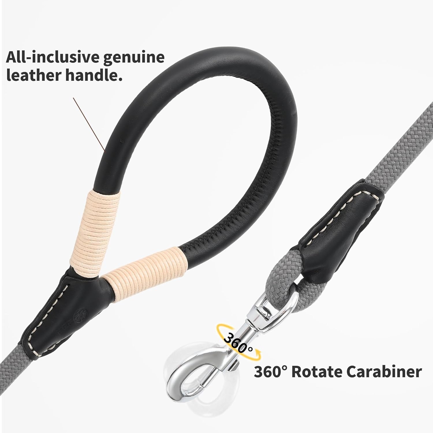 Dog Leash, Rope Leash with Genuine Leather Handle and Heavy Duty Metal Clasp, Great for Small Medium Large Dogs (Gray, 5FT)